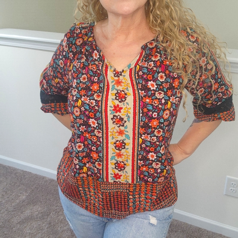 VTG New Directions lightweight flowy retro colorful floral boho blouse SZ PM